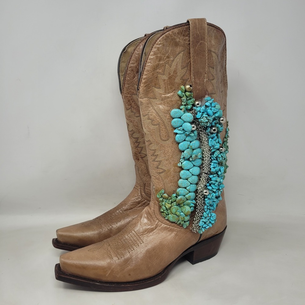 Innovation Boots 8.5 Tan Leather Turquoise Embellished Western Snip Toe Cowgirl